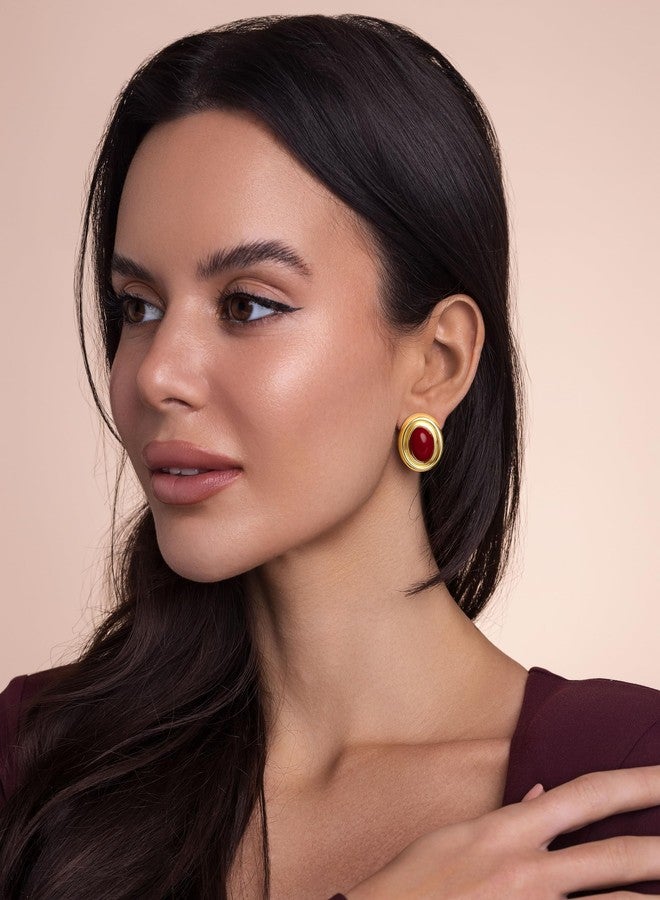 Sngia 18K Gold Plated Red Burgundy Maroon Created Resin Carnelian Oval Button Chunky Statement Earrings for Women, Bold Handmade Exaggerated Dome Retro Rounded Button Trendy Bohemian Gemstone Stud Jewelry Gifts, Unique Vintage Baroque Stone Summer Beach Fashion Accessories, Round Thick Circular Nickle Free Huggies Earring. (18K Gold Plated, Maroon) - Image 2
